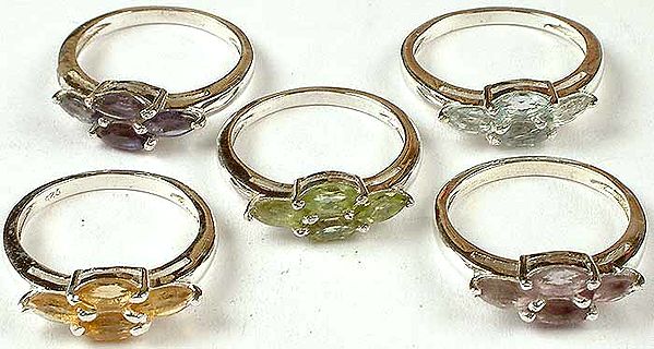 Lot of Five Faceted Gemstone Rings<br>(Iolite, Blue Topaz, Peridot, Citrine & Amethyst)