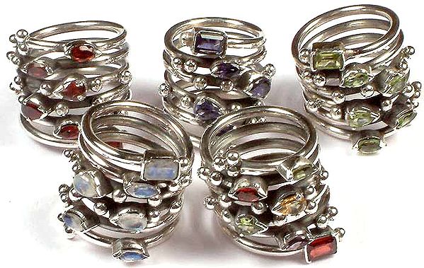 Lot of Five Faceted Gemstone Spiral Rings