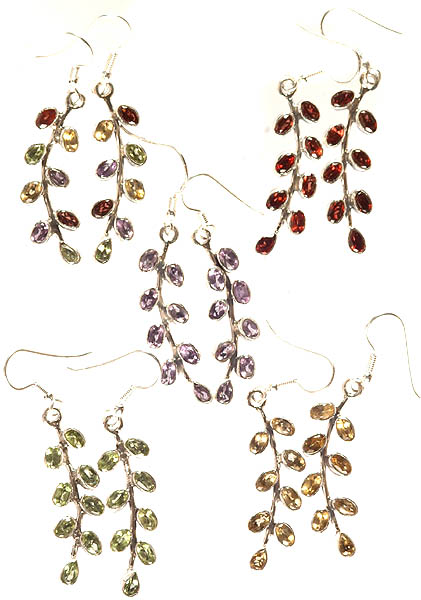 Lot of Five Faceted Gemstone Vegetative Earrings (Multi-color Gemstones, Garnet, Amethyst, Peridot and Citrine)