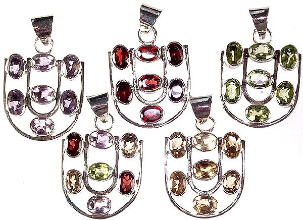 Lot of Five Faceted Gemstones Pendants (Amethyst, Garnet, Peridot, Garnet with Citrine, Amethyst and Peridot; and Citrine)