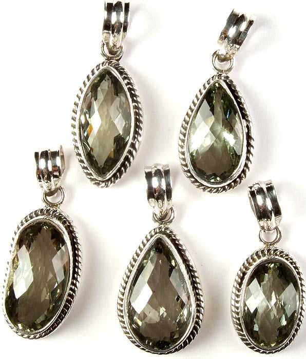 Lot of Five Faceted Green Amethyst Pendants