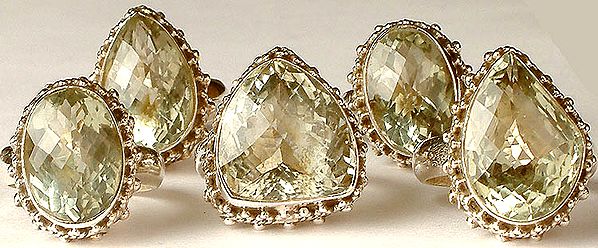 Lot of Five Faceted Green Amethyst Rings