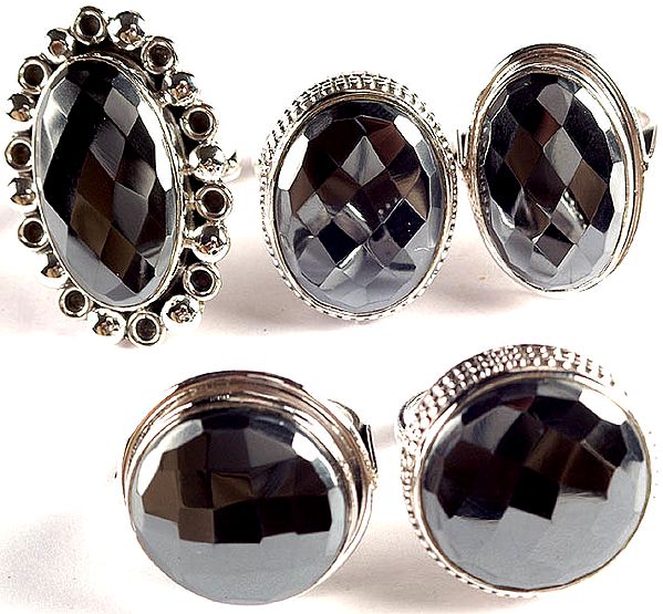 Lot of Five Faceted Hematite Finger Rings