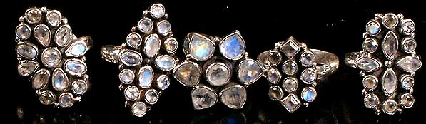 Lot of Five Faceted Rainbow Moonstone Rings