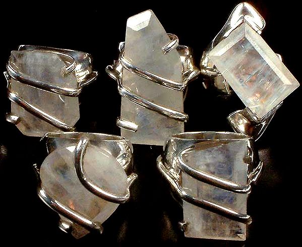 Lot of Five Faceted Rainbow Moonstone Rings