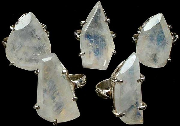 Lot of Five Faceted Rainbow Moonstone Rings