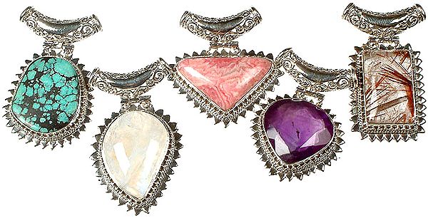 Lot of Five Fine Pendants (Turquoise, Moonstone, Rhodochrosite, Faceted Amethyst and Rutilated Quartz)