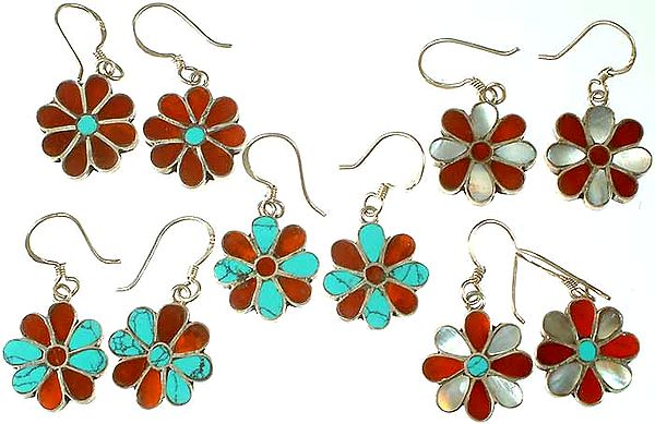 Lot of Five Floral Inlay Earrings | Sterling Silver Jewelry