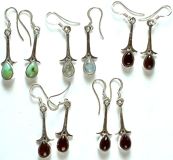 Lot of Five Gemstone Anchor Earrings (Turquoise, Rainbow Moonstone, Black Onyx, Garnet, & Amethyst)