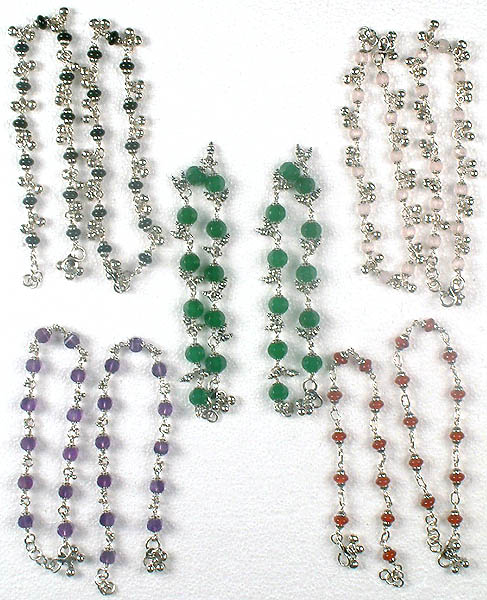 Lot of Five Gemstone Anklets with Ghungroo Bells (Black Onyx, Rose Quartz, Green Onyx, Amethyst and Carnelian)