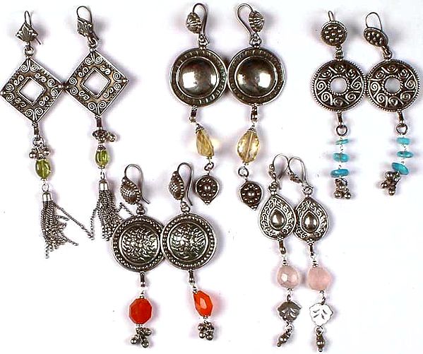 Lot of Five Gemstone Antiquated Earrings from Rajasthan