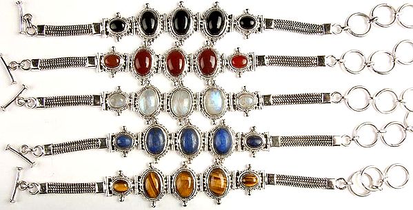 Lot of Five Gemstone Bracelets (Black Onyx, Carnelian, Rainbow Moonstone, Lapis Lazuli and Tiger Eye)