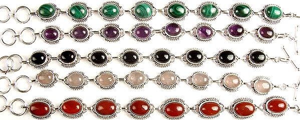 Lot of Five Gemstone Bracelets (Malachite, Amethyst, Black Onyx, Rose Quartz and Carnelian)