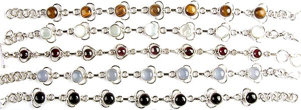 Lot of Five Gemstone Bracelets (Tiger Eye, MOP, Garnet, Blue Chalcedony and Black Onyx)
