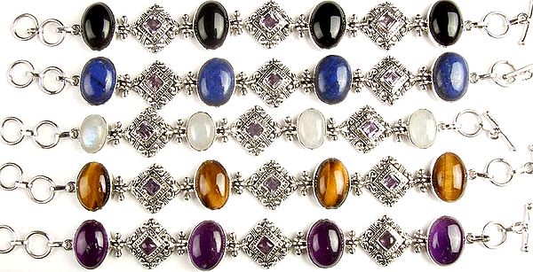 Lot of Five Gemstone Bracelets with Faceted Amethyst (Black Onyx, Lapis Lazuli, Rainbow Moonstone, Tiger Eye and Amethyst)