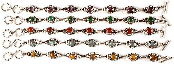 Lot of Five Gemstone Bracelets<br>(Amethyst, Malachite, Carnelian, Rainbow Moonstone & Tiger Eye)