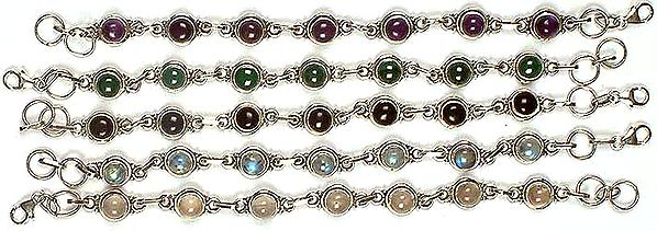 Lot of Five Gemstone Bracelets<br>(Amethyst, Malachite, Black Onyx, Rainbow Moonstone & Rose Quartz)