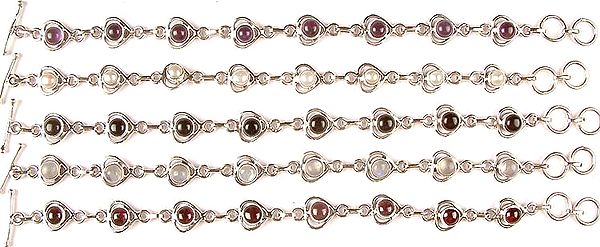 Lot of Five Gemstone Bracelets<br>(Amethyst, Pearl, Black Onyx, Rainbow Moonstone & Garnet)
