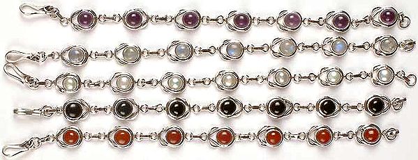 Lot of Five Gemstone Bracelets<br>(Amethyst, Rainbow Moonstone, Pearl, Black Onyx & Carnelian)