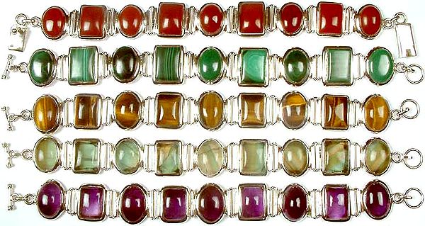 Lot of Five Gemstone Bracelets<br>(Carnelian, Malachite, Tiger Eye, Fluorite & Amethyst)