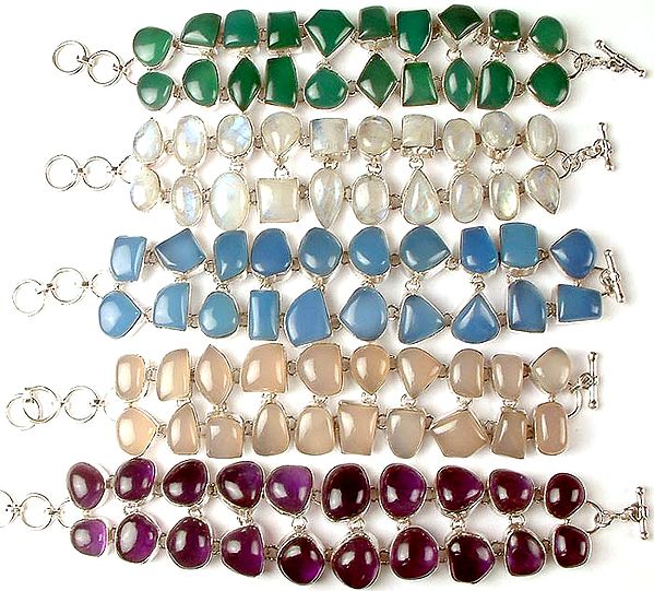 Lot of Five Gemstone Bracelets<br>(Green Onyx, Rainbow Moonstone, Blue Chalcedony, Rose Quartz & Amethyst)