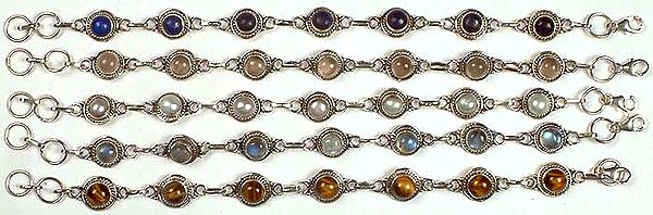 Lot of Five Gemstone Bracelets<br>(Lapis Lazuli, Rose Quartz, Pearl, Rainbow Moonstone & Tiger Eye)