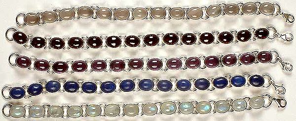 Lot of Five Gemstone Bracelets<br>(Rose Quartz, Garnet, Amethyst, Lapis Lazuli & Rainbow Moonstone)