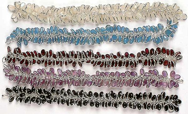 Lot of Five Gemstone Bunch Bracelets<br>(Rainbow Moonstone, Blue Chalcedony, Garnet, Amethyst & Black Onyx)