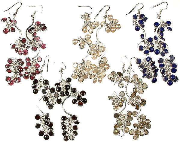 Lot of Five Gemstone Bunch Earrings (Garnet, Pearl, Lapis Lazuli, Black Onyx and Labradorite)