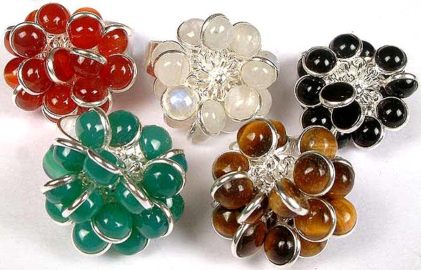 Lot of Five Gemstone Bunch Rings with Central Flower