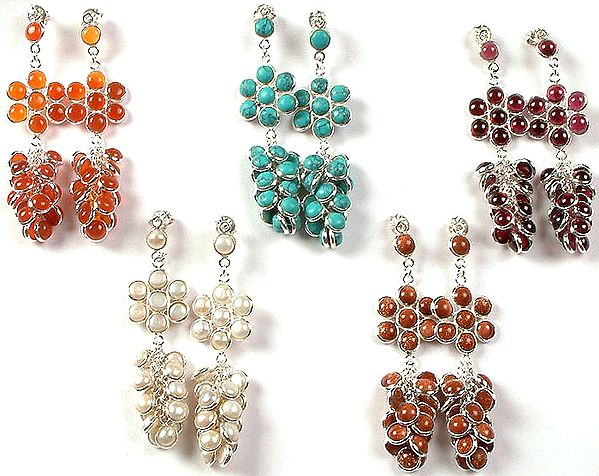 Lot of Five Gemstone Bunch Superfine Earrings (Carnelian, Turquoise, Garnet, Pearl and Jasper)