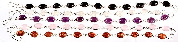 Lot of Five Gemstone Cabochon Bracelets (Black Onyx, Rainbow Moonstone, Amethyst, Rose Quartz and Sunstone)