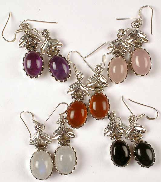 Lot of Five Gemstone Cabochon Earrings<br>(Amethyst, Rose Quartz, Carnelian, Rainbow Moonstone & Black Onyx)