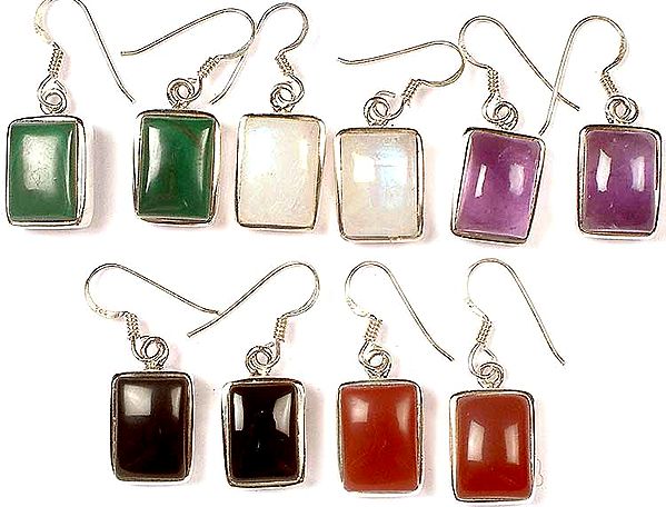 Lot of Five Gemstone Cabochon Earrings<br>(Malachite, Rainbow Moonstone, Amethyst, Black Onyx & Carnelian)