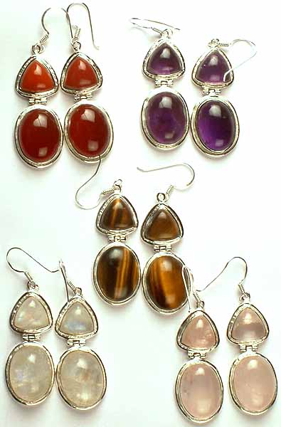 Lot of Five Gemstone Cabochon Hinged Earrings (Carnelian, Amethyst, Tiger Eye, Rainbow Moonstone, & Rose Quartz)