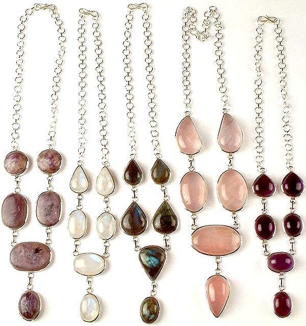 Lot of Five Gemstone Cabochon Necklaces<br>(Chaorite, Rainbow Moonstone, Labradorite, Rose Quartz, Amethyst)