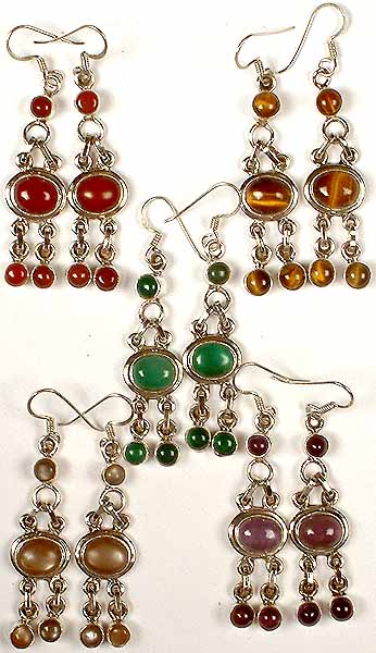 Lot of Five Gemstone Chandelier Earrings<br>(Carnelian, Tiger Eye, Green Onyx, Grey Moonstone & Amethyst)