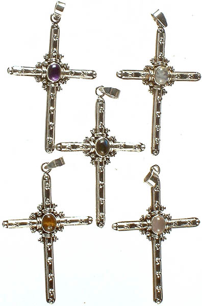 Lot of Five Gemstone Cross Pendants <br>(Amethyst, Rainbow Moonstone, Black Onyx, Citrine, Rose Quartz)