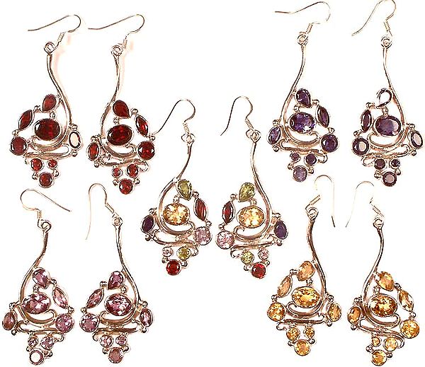 Lot Of Five Gemstone Designer Earrings<br>(Garnet, Amethyst, Citrine, Peridot, Iolite,  and Amethyst)
