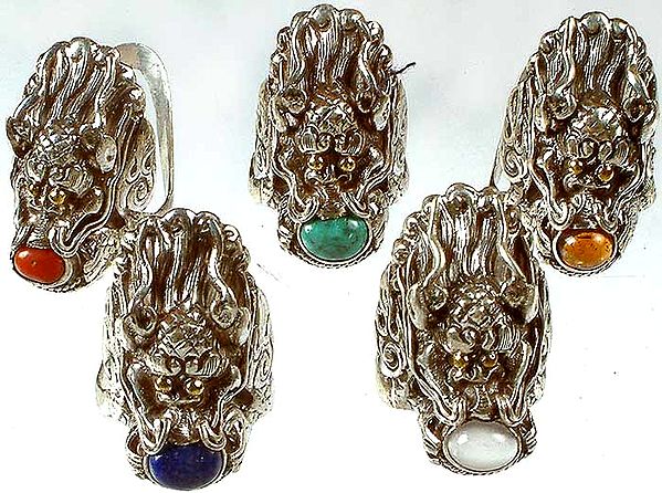 Lot of Five Gemstone Dragon Finger Rings (Coral, Turquoise, Rutilated Quartz, Lapis Lazuli and Moonstone)