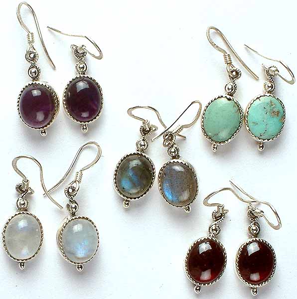 Lot of Five Gemstone Earrings (Amethyst, Turquoise, Labradorite, Rainbow Moonstone and Garnet)