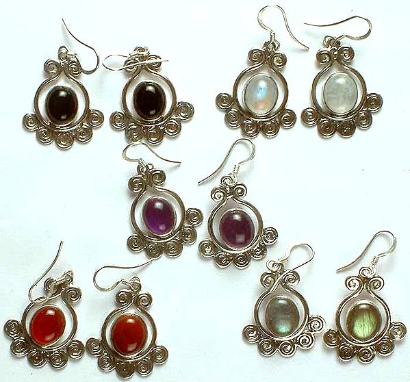 Lot of Five Gemstone Earrings (Black Onyx, Rainbow Moonstone, Amethyst, Carnelian & Labradorite)