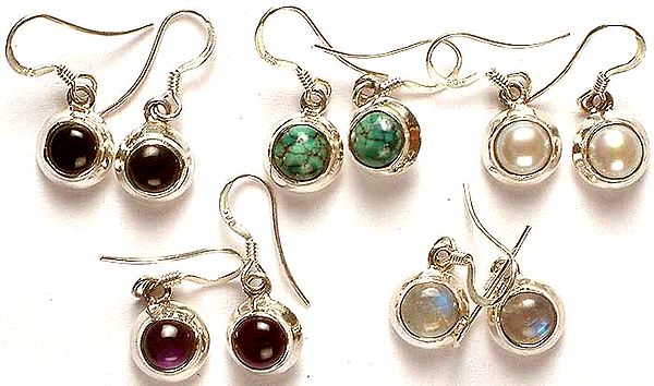 Lot of Five Gemstone Earrings (Black Onyx, Turquoise, Pearl, Amethyst, & Rainbow Moonstone)