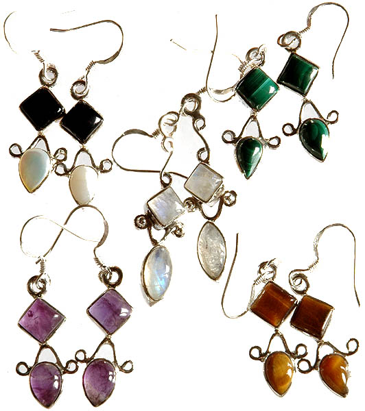 Lot of Five Gemstone Earrings (Black Onyx with MOP, Malachite, Rainbow Moonstone, Amethyst and Tiger Eye)