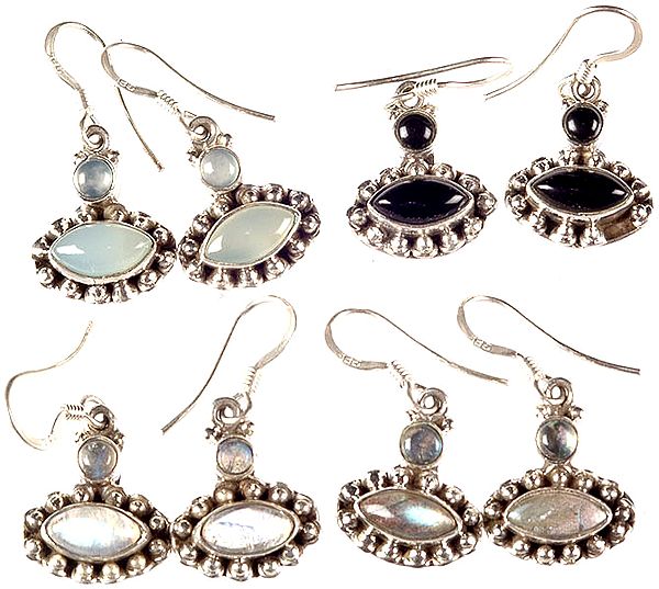 Lot of Four Gemstone Earrings (Blue Chalcedony, Black Onyx, Rainbow Moonstone and Labradorite)