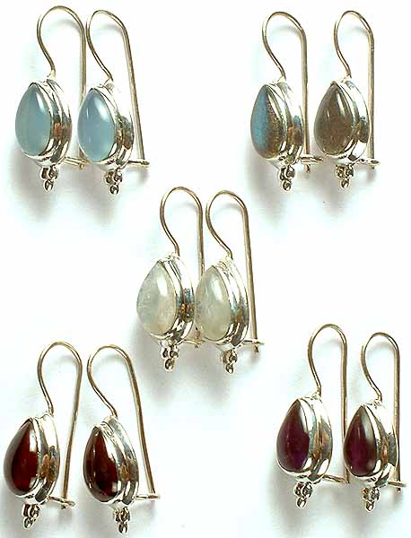 Lot of Five Gemstone Earrings (Blue Chalcedony, Labradorite, Rainbow Moonstone, Garnet, & Amethyst)