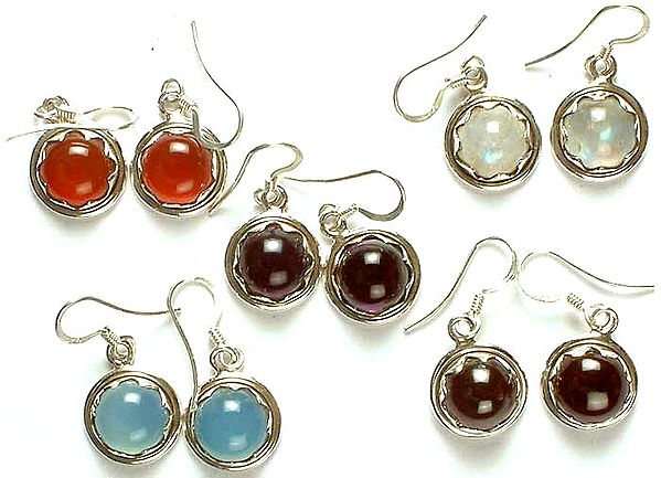 Lot of Five Gemstone Earrings (Carnelian, Rainbow Moonstone, Amethyst, Blue Chalcedony, & Garnet)