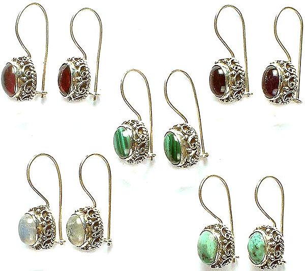 Lot of Five Gemstone Earrings (Garnet, Amethyst, Malachite, Rainbow Moonstone, & Turquoise)