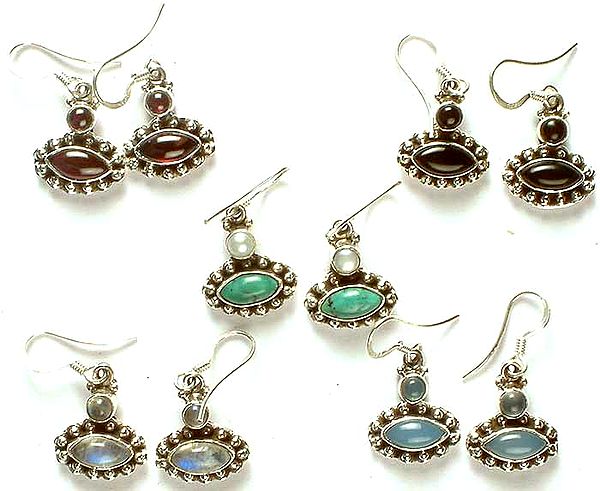 Lot of Five Gemstone Earrings (Garnet, Black Onyx, Turquoise, Rainbow Moonstone, & Blue Chalcedony)