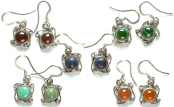 Lot of Five Gemstone Earrings (Garnet, Malachite, Lapis Lazuli, Turquoise, & Carnelian)